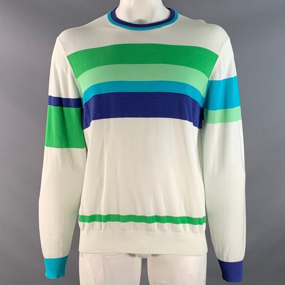 MR TURK Size XL White Blue Green Stripe Cotton Blend Crew Neck Pullover - Picture 1 of 8